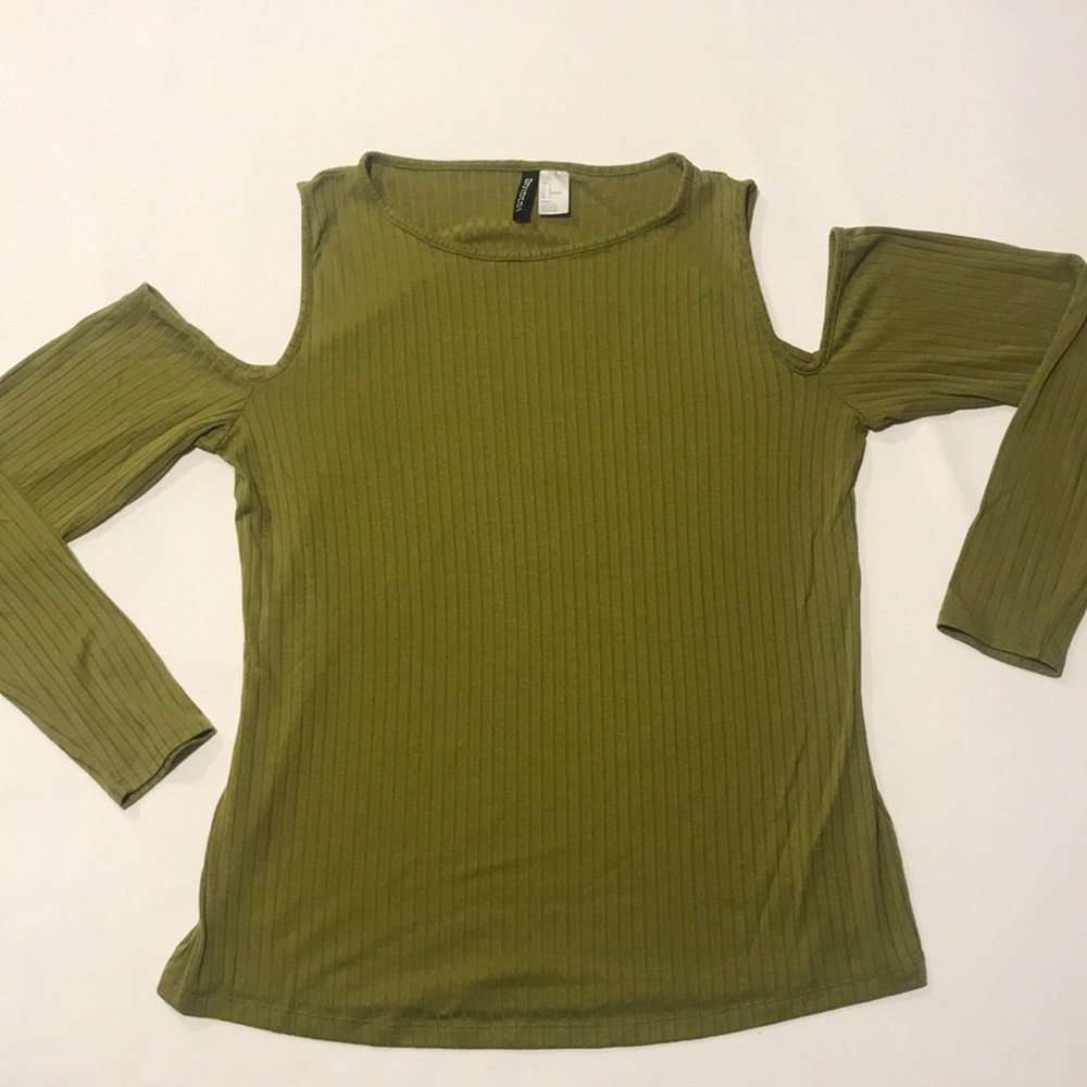Shoulder-less olive green striped shirt
